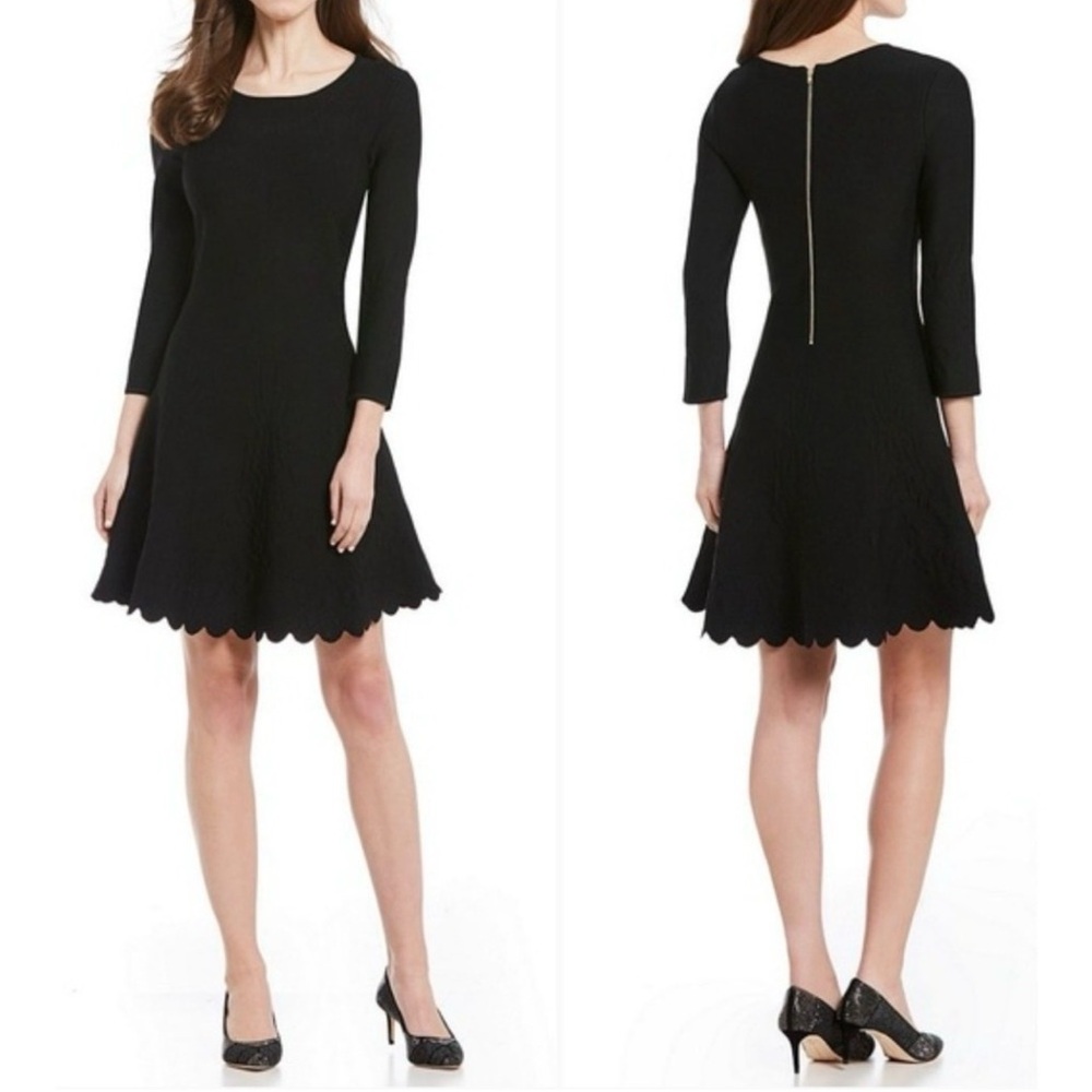 Antonio Melani Black Scallop Hem Fit & Flare Knit Dress Sz L Floral Texture